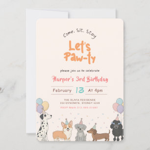 Lets Pawty Watercolor Cute Puppy Dog Pet Birthday Invitation