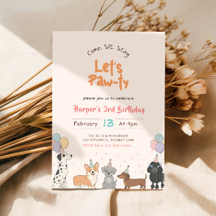 Lets Pawty Watercolor Cute Puppy Dog Pet Birthday Invitation