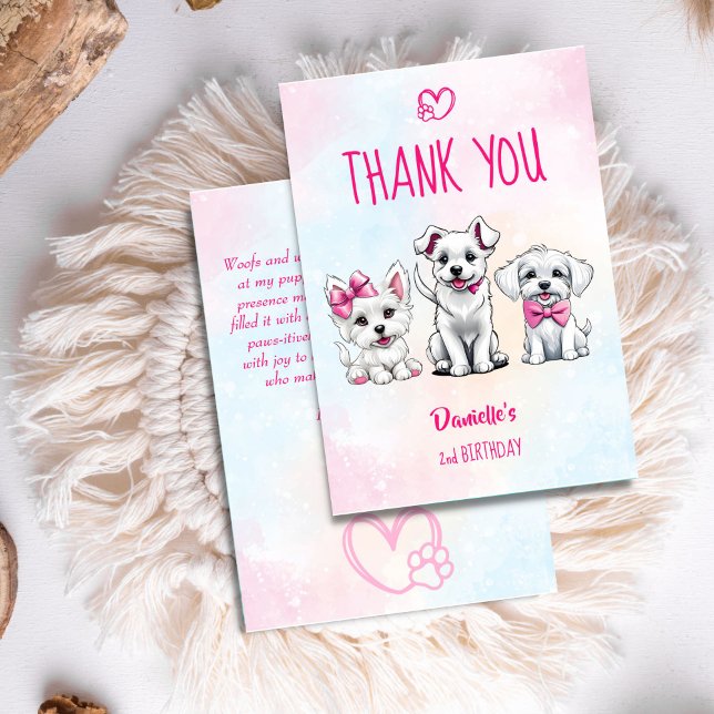 Let's pawty white pink cute puppies birthday thank you card (Let's pawty white pink cute puppies birthday thank you cards)