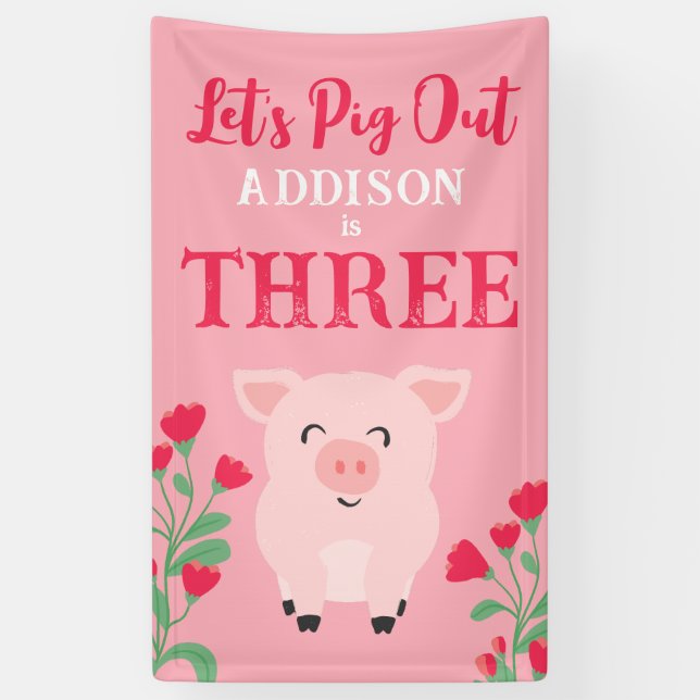 Let's Pig Out Farm Animal Floral Girls Birthday Banner (Vertical)