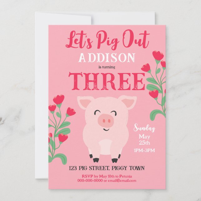 Let's Pig Out Farm Animal Floral Girls Birthday Invitation (Front)