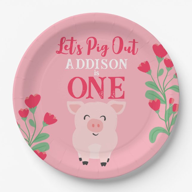 Let's Pig Out Farm Animal Floral Girls Birthday Paper Plate (Front)