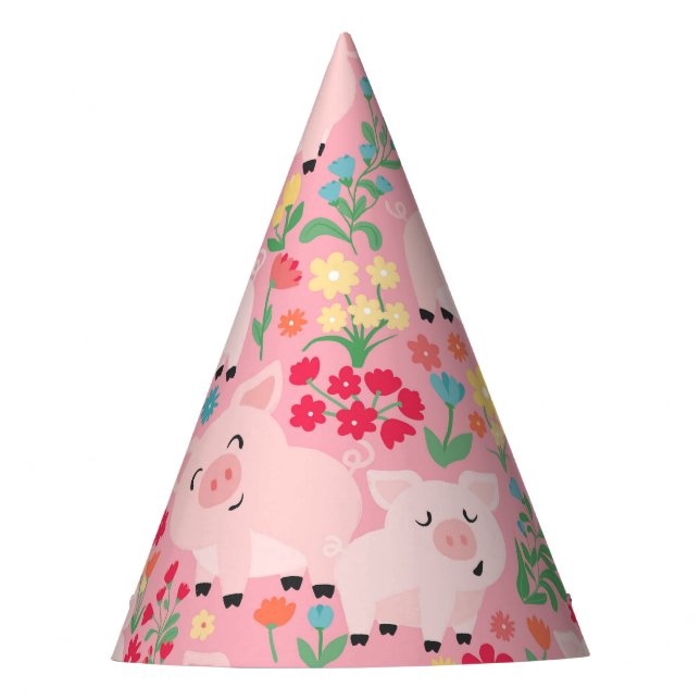 Let's Pig Out Farm Animal Floral Girls Birthday Party Hat (Front)