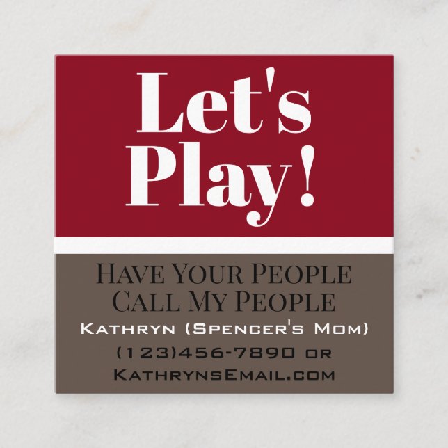 "Let's Play" Child's Playdate Square Business Card (Front)