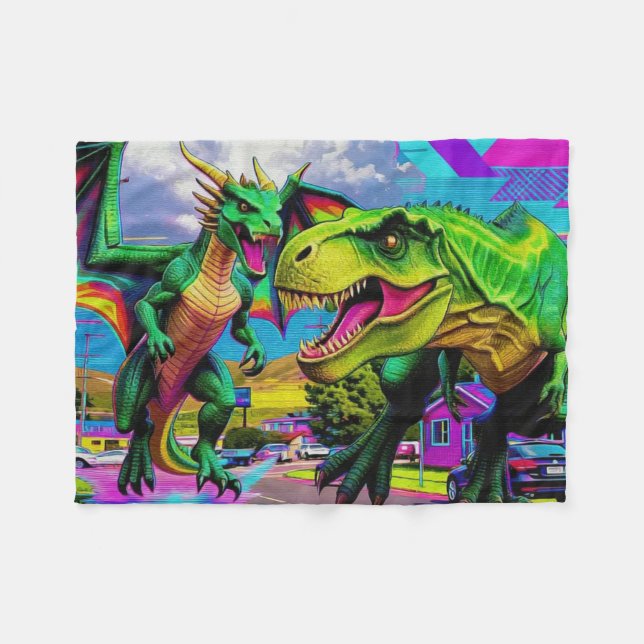 Lets Play - Green Dragon and Dinosaur Fleece Blanket (Front (Horizontal))