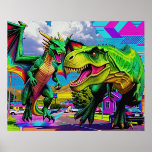 Lets Play - Green Dragon and Dinosaur Poster