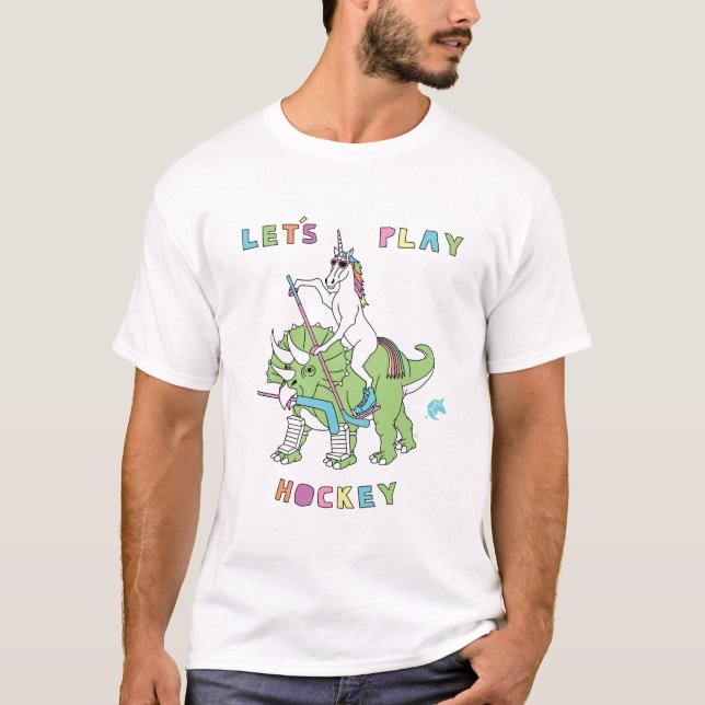 Let's Play Hockey Unicorn Riding Dinosaur T-Shirt (Front)