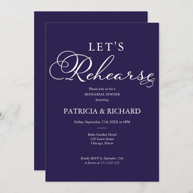 Let's Rehearse Elegant Navy Blue Rehearsal Dinner Invitation (Front/Back)