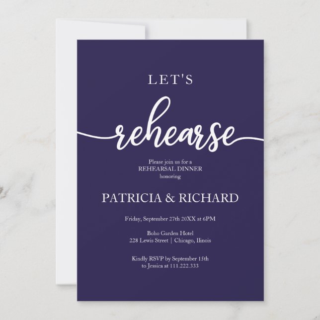 Let's Rehearse Elegant Navy Blue Rehearsal Dinner Invitation (Front)