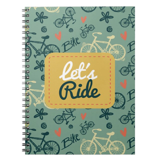 Let's Ride Modern Green Bicycle Pattern Notebook (Front)