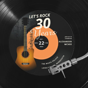 Let's Rock Any Age Guitar Vintage Record Birthday Invitation