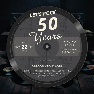 Let's Rock Black Vintage Music LP Adult Birthday Invitation
