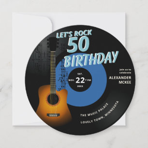 Let's Rock Guitar Music Notes Blue 50th Birthday Invitation