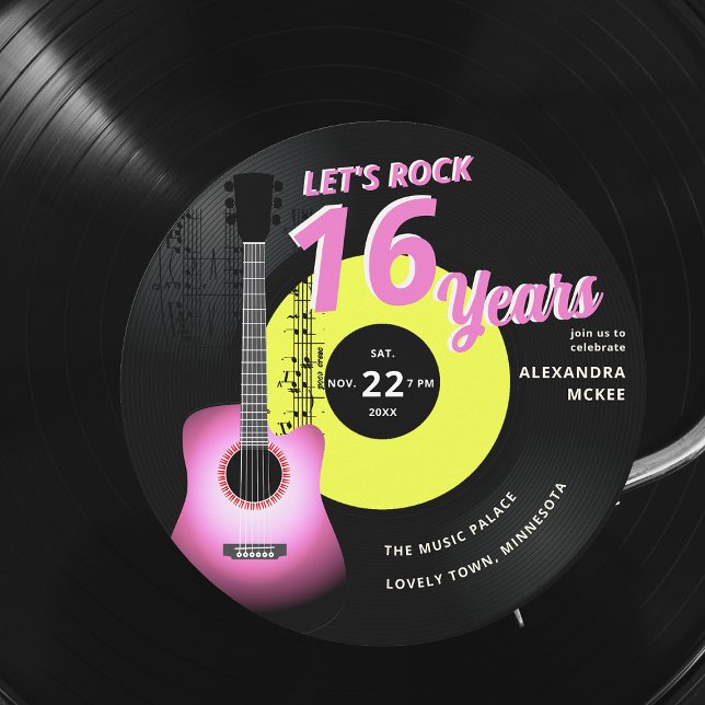 Let's Rock Hot Pink Yellow Guitar Music Sweet 16 Invitation (sweet 16 rock music vintage record neon pink yellow girls invitation guitar musician partition notes)