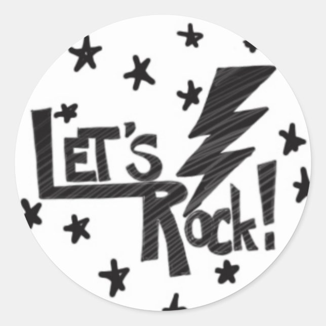 Lets Rock Lightening Bolt Black on White Classic Round Sticker (Front)