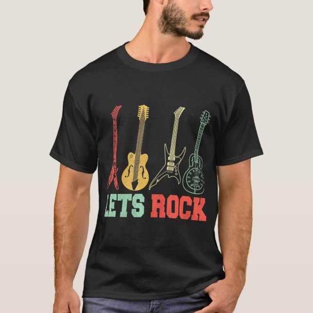 Lets Rock Rock N Roll Guitar Retro T-Shirt (Front)