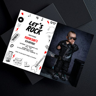Let's Rock white black Rock n' Roll birthday photo Invitation