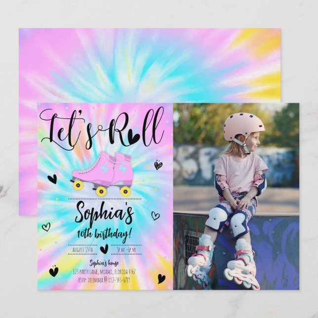 Let's Roll Girl Tie Dye Birthday Party Photo Invitation (Front/Back)