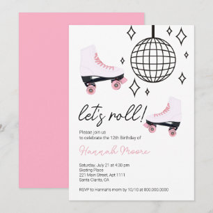 Let's Roll Kids Roller Skate Girl Birthday Party Invitation