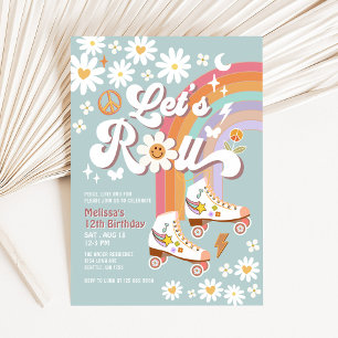 Let's Roll Retro Groovy Blue Roller Skate Birthday Invitation