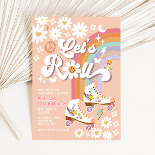 Lets Roll Retro Groovy Roller Skate Daisy Birthday Invitation