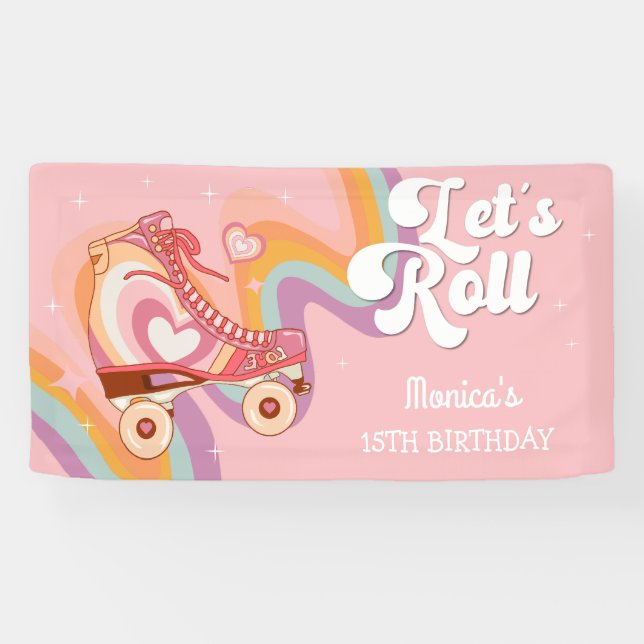 Let's roll retro roller skate birthday party banner (Horizontal)
