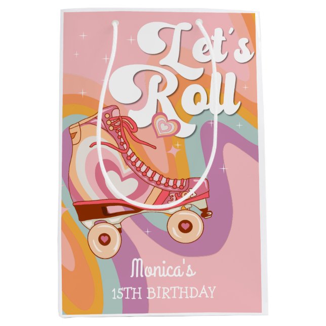 Let's roll retro roller skate birthday party medium gift bag (Front)