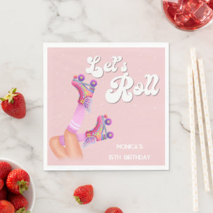 Let's roll retro roller skate birthday party napkin