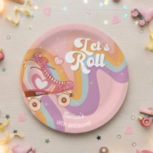 Let's roll retro roller skate birthday party paper plate