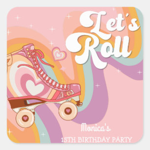 Let's roll retro roller skate birthday party square sticker