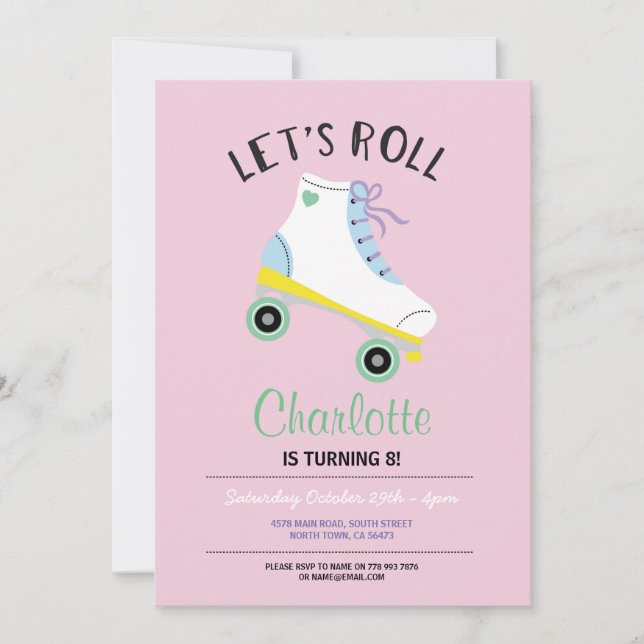 Let's Roll Roller Skate Girls Pink Party Invite (Front)