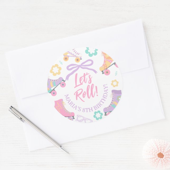Lets Roll Roller Skate Retro Girl Birthday Pastel Classic Round Sticker (Envelope)