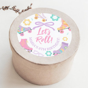 Lets Roll Roller Skate Retro Girl Birthday Pastel Classic Round Sticker