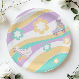 Lets Roll Roller Skate Retro Girl Birthday Pastel Paper Plate