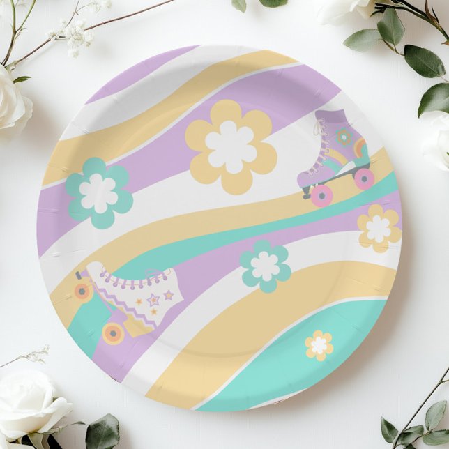 Lets Roll Roller Skate Retro Girl Birthday Pastel Paper Plate (Creator Uploaded)