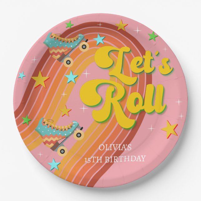 Let's roll roller skate retro rainbow paper plate (Front)