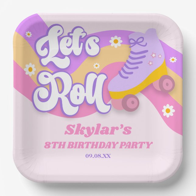 Let's Roll Roller Skate Skating Birthday Party Paper Plate (Front)