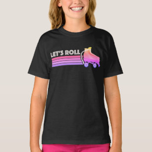 Lets Roll Roller Skating Retro Neon Pink Stripes   T-Shirt