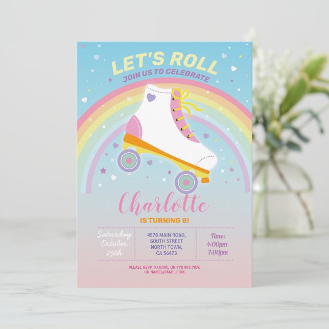 Let's Roll RollerSkate Girls Birthday Party Invite (Standing Front)