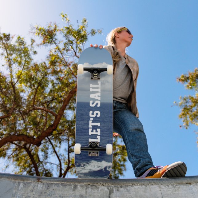 Let's Sail Blue Ocean Fluffy White Clouds Skateboard (Outdoor 1)