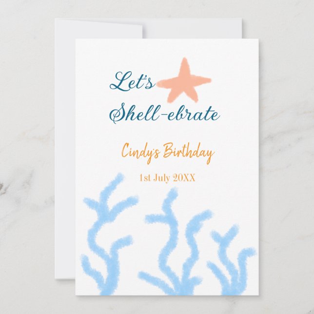 Let's shell-ebrate under the sea blue birthday  invitation (Front)