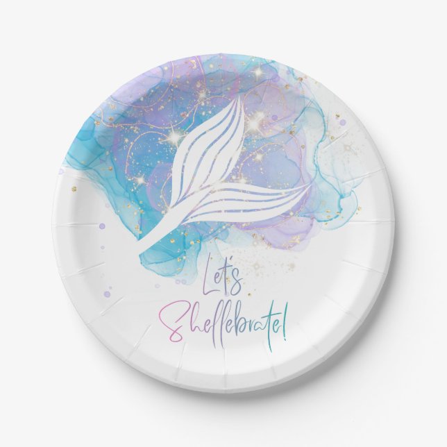 Lets Shellebrate Mermaid Tail Watercolor Birthday  Paper Plate (Front)