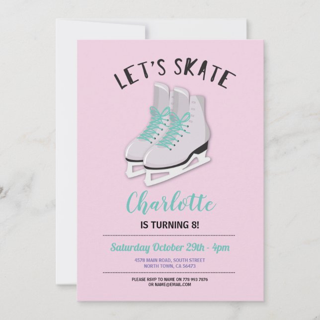 Let's Skate Girls Pink Ice-Skating Birthday Party Invitation (Front)