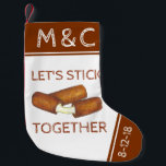 Let's Stick Together Mozzarella Cheese Couples Small Christmas Stocking<br><div class="desc">Holiday stocking features an original marker illustration of a pair of mozzarella cheese sticks, with LET'S STICK TOGETHER in a fun font. Just personalise with your initials and anniversary date. This design is also available on other products, including coordinating holiday decor. Don't see what you're looking for? Need help with...</div>