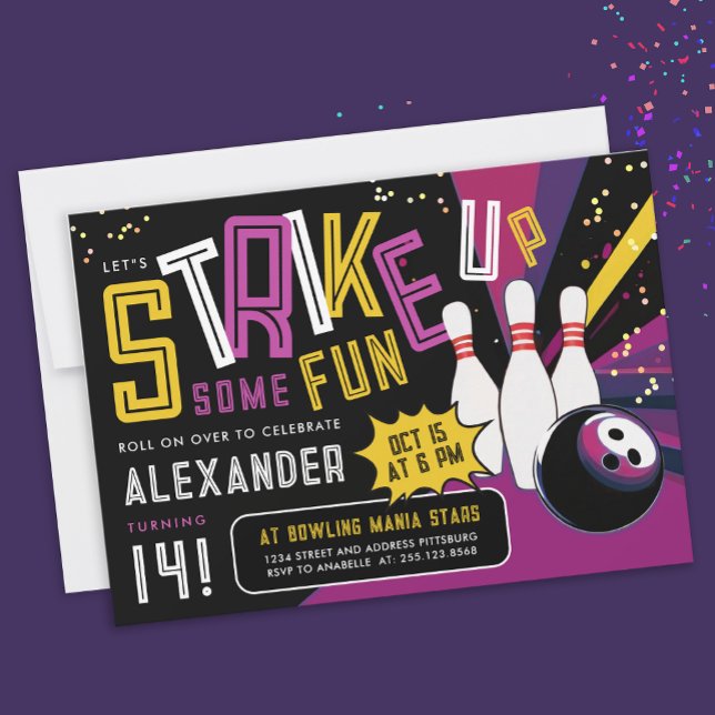 Let's Strike Up Colourful Pink Girl Bowling Party Invitation (Creator Uploaded)
