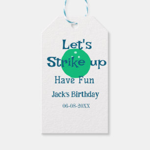 Let's strike up have fun green ball birthday name gift tags
