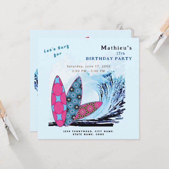 Let's surf surfboard beach birthday party invitation (Front/Back In Situ)