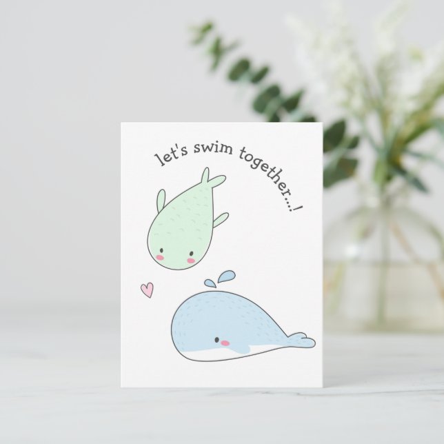 Let's Swim Together...! Cute Whales - Valentines Postcard (Standing Front)