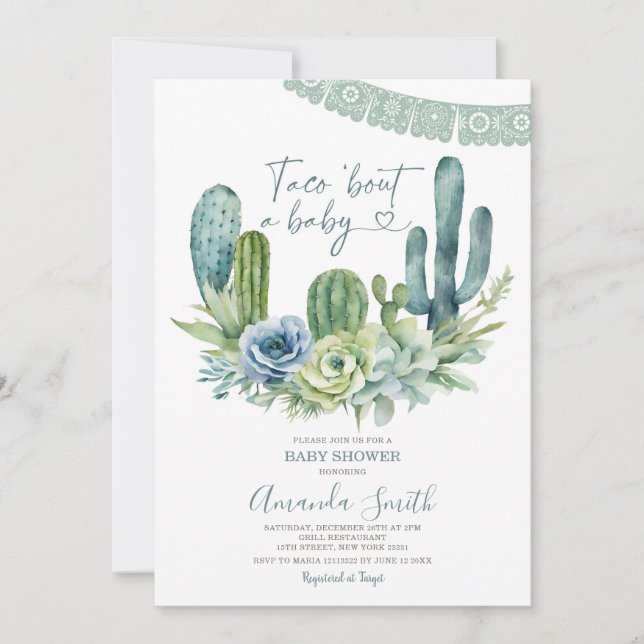 Let's Taco Bout A Baby Greenery Cactus Baby Shower Invitation (Front)