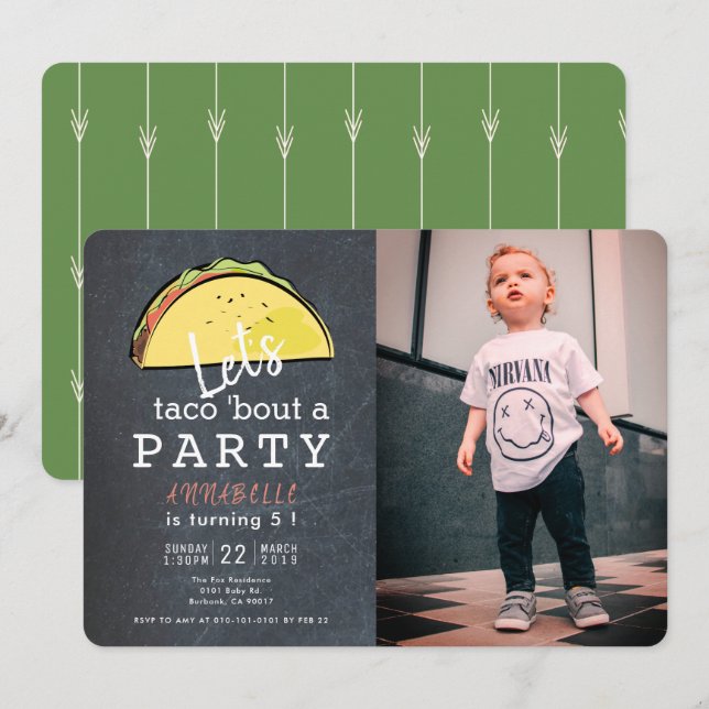 Let's Taco Bout A Party Chalkboard Photo Birthday Invitation (Front/Back)
